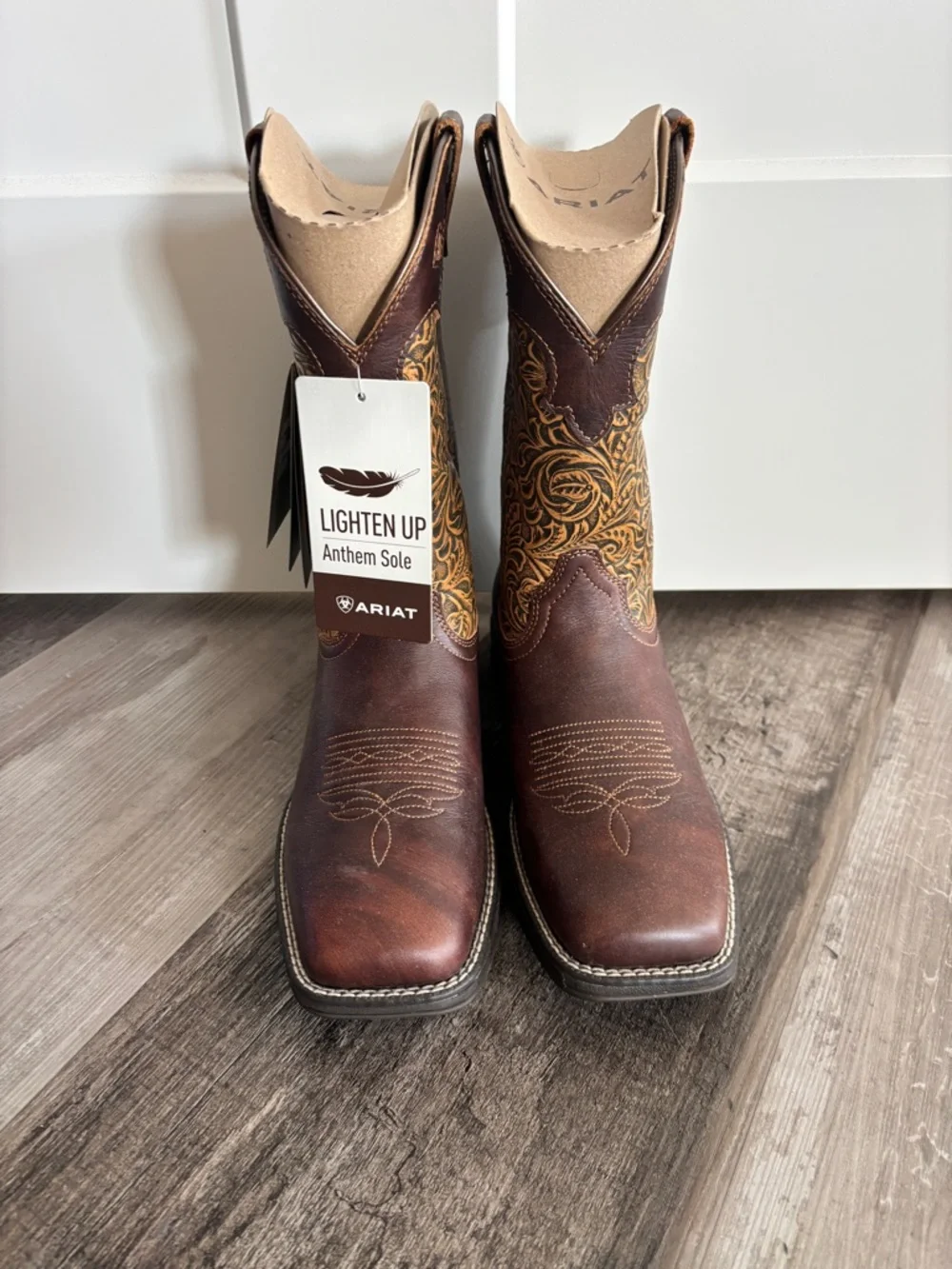 Ariat Dark Brown Leather Western Boots with Tan Embroidered Shaft - Picture 2 of 4